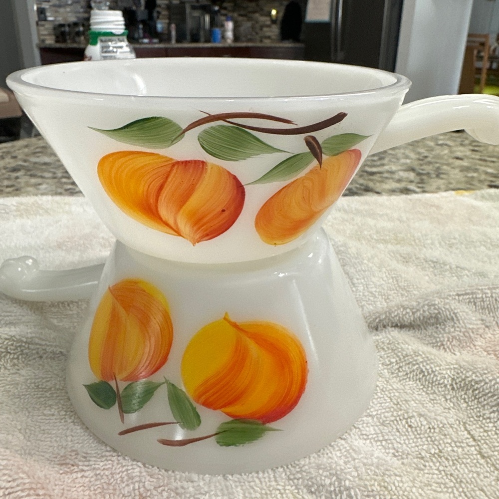 1960’s Fire King Milk Glass Handled Fruit Design Bowls